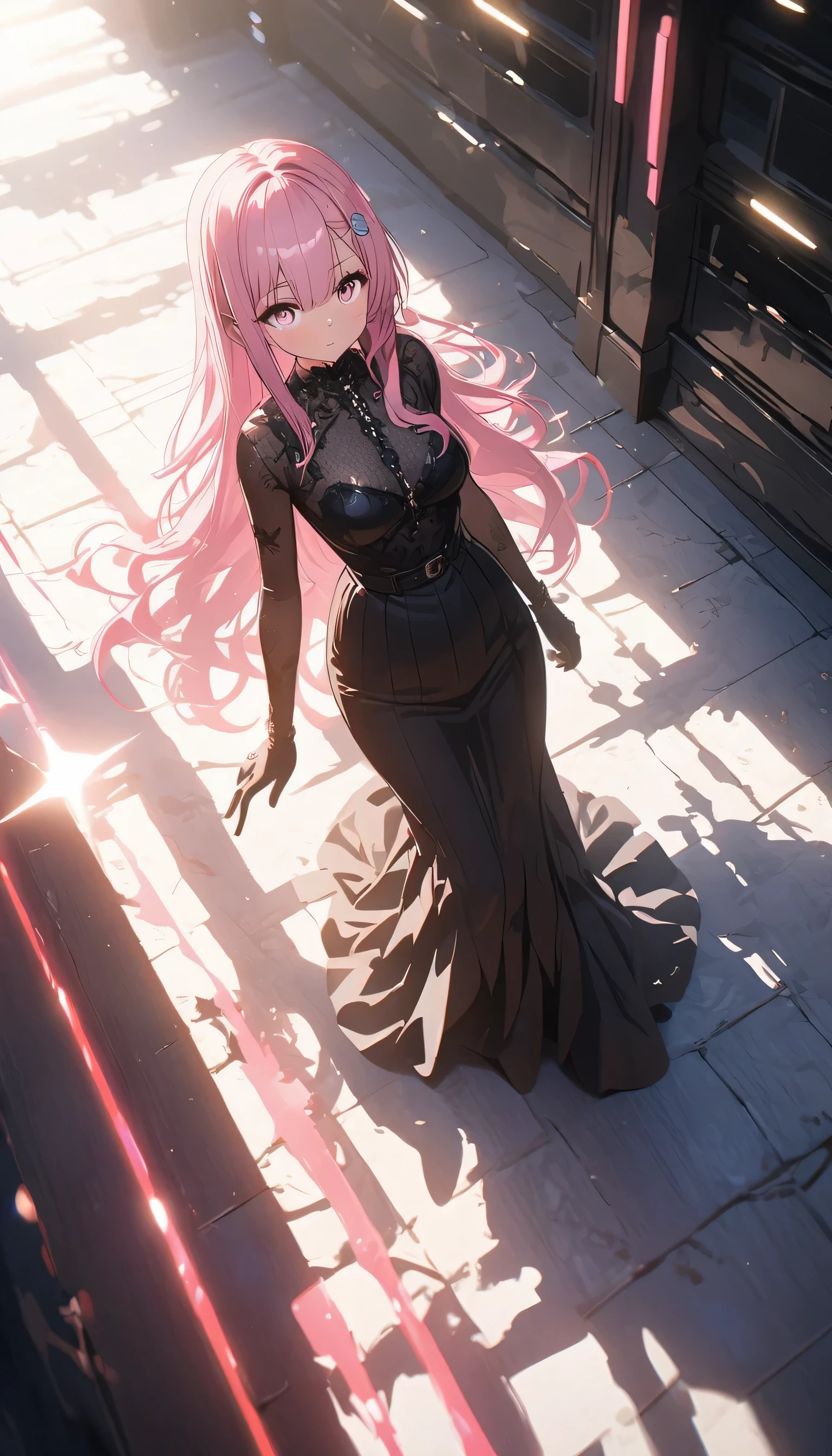 (highest quality、masterpiece、High resolution、detailed), BREAK,(Shining eyes、detailed beautiful face)、beautiful anime、pink hair,long hair,Single Sidelock Hairpin Brushed Modern Cinematic Lighting,ray tracing,Drop Shadow Wide Shot UHD,rough skin,advanced details,highest qualityの4K、dynamic angle