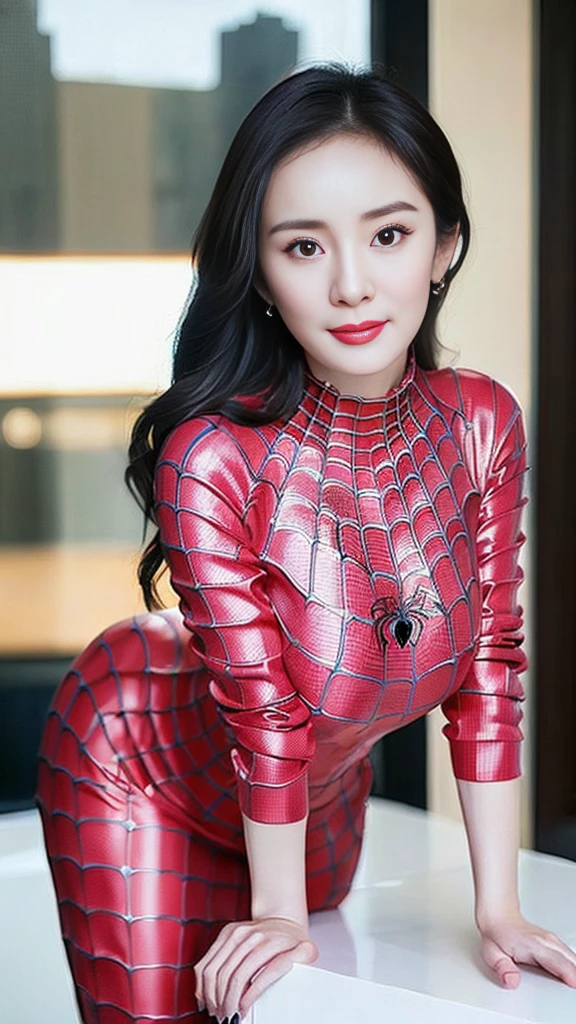 Gentle and charming Chinese beauty, star, Yang Mi,full body photo, delicate and sexy body, charming oval face, double eyelids, smart peach eyes, pink lips, small nose, ((big breasts)), focused face, face close-up, ultra HD, ultra detailed, elegant standing posture, ((tight Spider-Man suit:1.2)), ((The Spider-Man costume:1.2)),((Show one's face:1.5)),