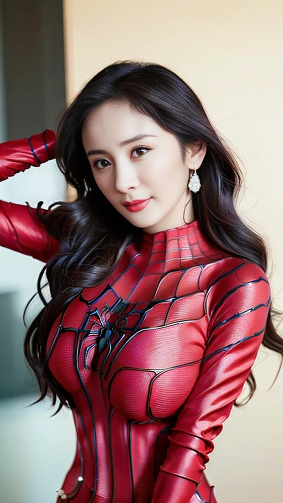 Gentle and charming Chinese beauty, star, Yang Mi,full body photo, delicate and sexy body, charming oval face, double eyelids, smart peach eyes, pink lips, small nose, ((big breasts)), focused face, face close-up, ultra HD, ultra detailed, elegant standing posture, ((tight Spider-Man suit:1.2)), ((The Spider-Man costume:1.2)),((Show one's face:1.5)),