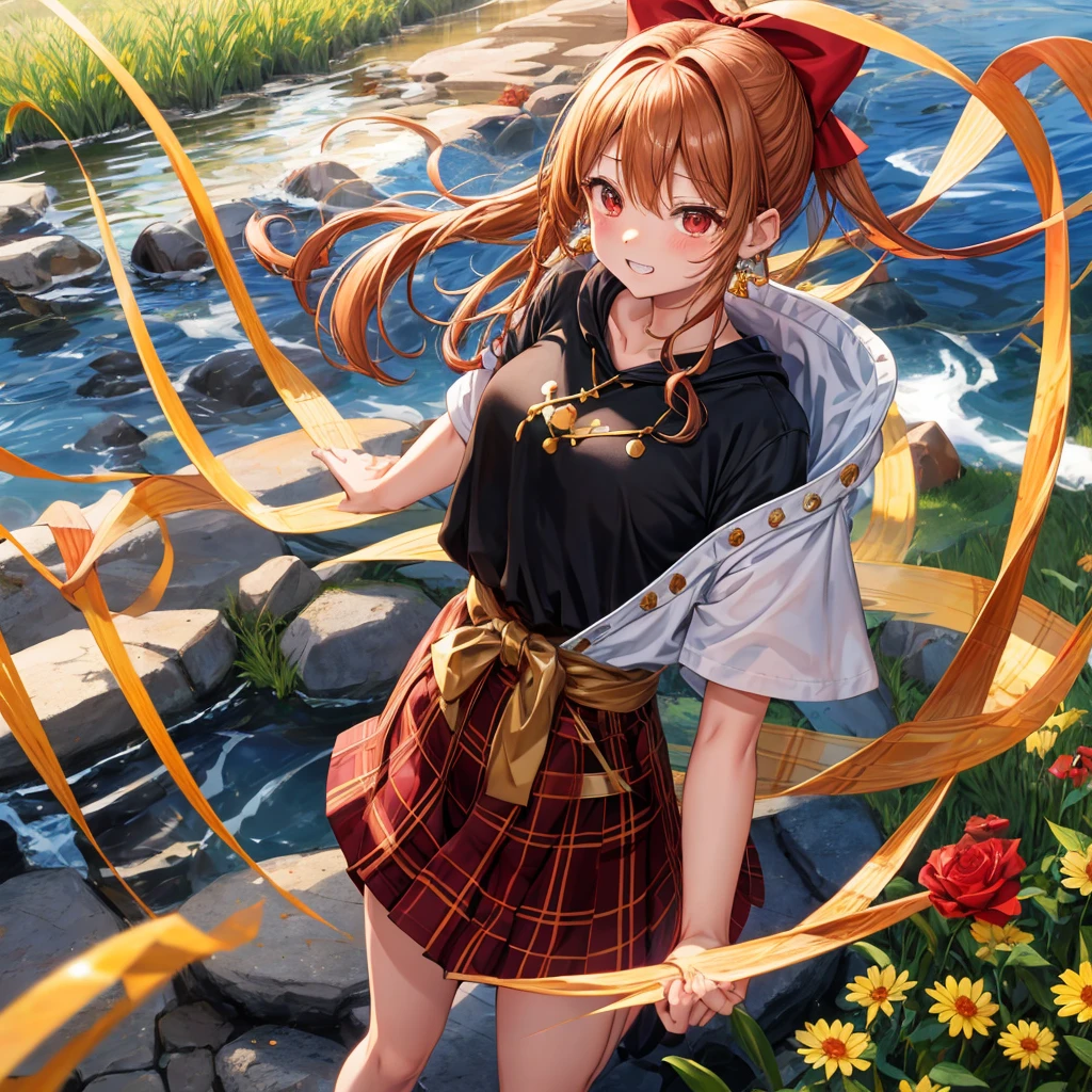 Brown, red, gold, golden hair、red eyes、one good looking girl、solo、anime、plaid mini skirt、black camisole、black t-shirt、hoodie、wearing a ribbon、ribbon at waist、Crystal Earrings、treasure石のネックレス、Light and shadow、Tilting face、teeth are visible、pillar、kind face、Kuroko、Diamond dust、grassland、Water running down the stairs、overflowing、Ants are walking、sulking、is increasing、treasure、Hope