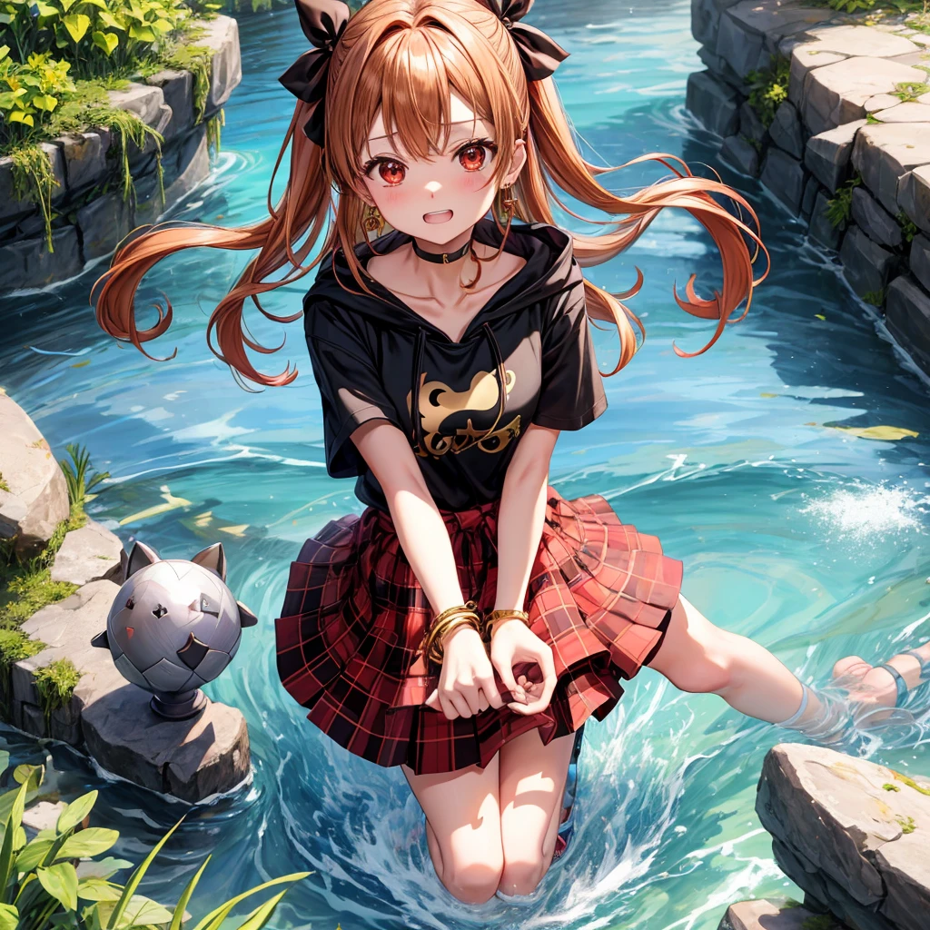 Brown, red, gold, golden hair、red eyes、one good looking girl、solo、anime、plaid mini skirt、black camisole、black t-shirt、hoodie、wearing a ribbon、ribbon at waist、Crystal Earrings、treasure石のネックレス、Light and shadow、Tilting face、teeth are visible、pillar、kind face、Kuroko、Diamond dust、grassland、Water running down the stairs、overflowing、Ants are walking、sulking、is increasing、treasure、Hope