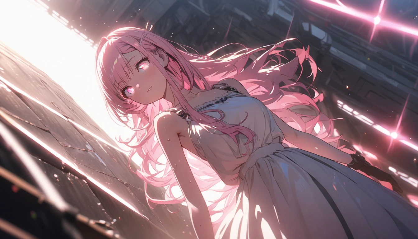 (highest quality、masterpiece、High resolution、detailed), BREAK,(Shining eyes、detailed美しい顔)、beautiful anime、pink hair,long hair,Single Sidelock Hairpin Brushed Modern Cinematic Lighting,ray tracing,Drop Shadow Wide Shot UHD,rough skin,advanced details,highest qualityの4K、dynamic angle