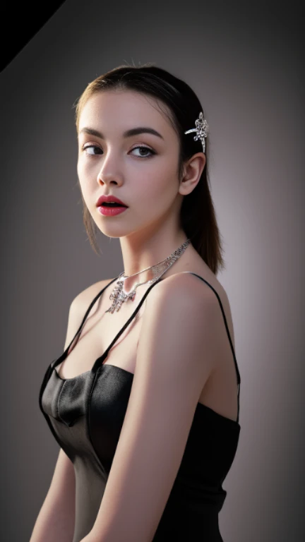 最high quality, masterpiece, High resolution, 1 girl, porcelain dress, hair accessory, necklace, jewelry, beautiful face, On the body, Tyndall effect, realistic, Dark studio, edge lighting, two-tone lighting, (high detail skin: 1.2), 8K UHD, Digital single-lens reflex camera, soft light, high quality, volume light, Frank, photograph, High resolution, 4k, 8K, background blur,