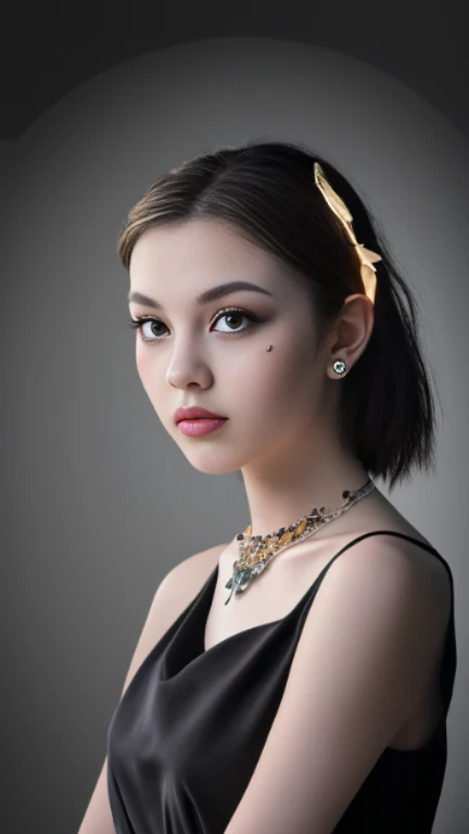 最high quality, masterpiece, High resolution, 1 girl, porcelain dress, hair accessory, necklace, jewelry, beautiful face, On the body, Tyndall effect, realistic, Dark studio, edge lighting, two-tone lighting, (high detail skin: 1.2), 8K UHD, Digital single-lens reflex camera, soft light, high quality, volume light, Frank, photograph, High resolution, 4k, 8K, background blur,