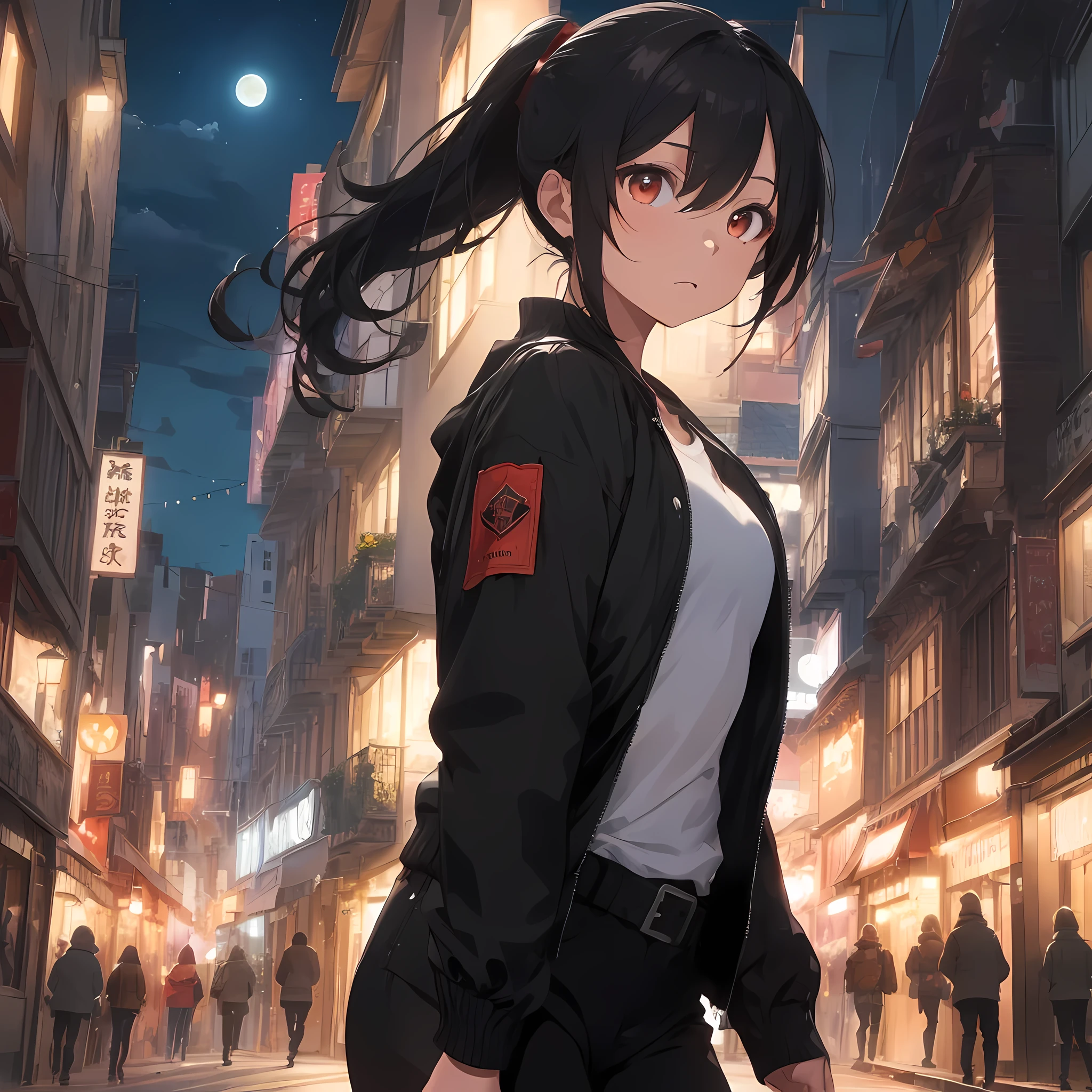 (((best quality, masterpiece))), (sfw:1.5),1girl, 21 years old, detailed face, magical demon hunter in plain clothes, shoulder length hair, black hair, ponytail, focused expression, ((normal black jacket with red accents,  inner shirt, covered upper body)), long pants, utility belt, brown eyes, slender build, B-cup , (looking to the side, on top of a building), (cool looking pose), (fully clothed:1.5), waiting pose, ready for battle, cinematic, volumetric lighting, moonlight, night time, city lights, (long shot:1.5)