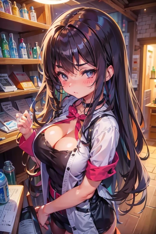 Italian girl, 25 years old, long brown hair dressed as a busty chemist