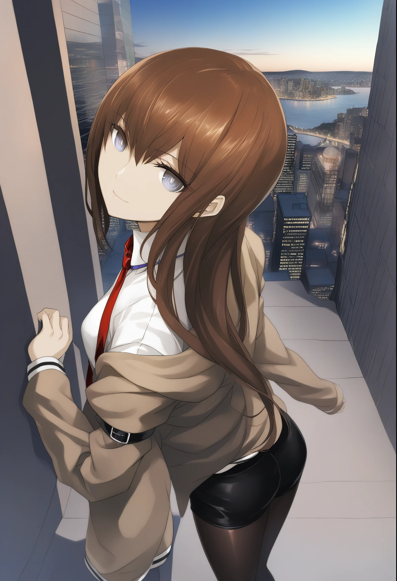 1girl, makise kurisu, steins;gate,short shorts, shirt, pantyhose,necktie,jacket,
from above, feet out of frame, looking back, light smile, Sydney city, closed mouth,
medium quality,