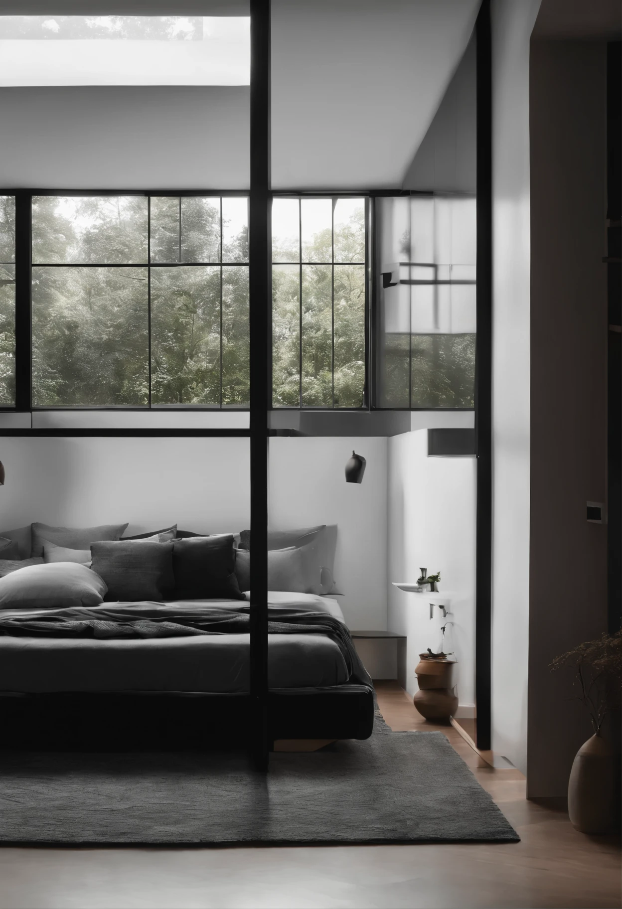 Fa hada minimalista y moderna en esquina tonos de blanco, grises y negro ventanas que no sean tan amplias