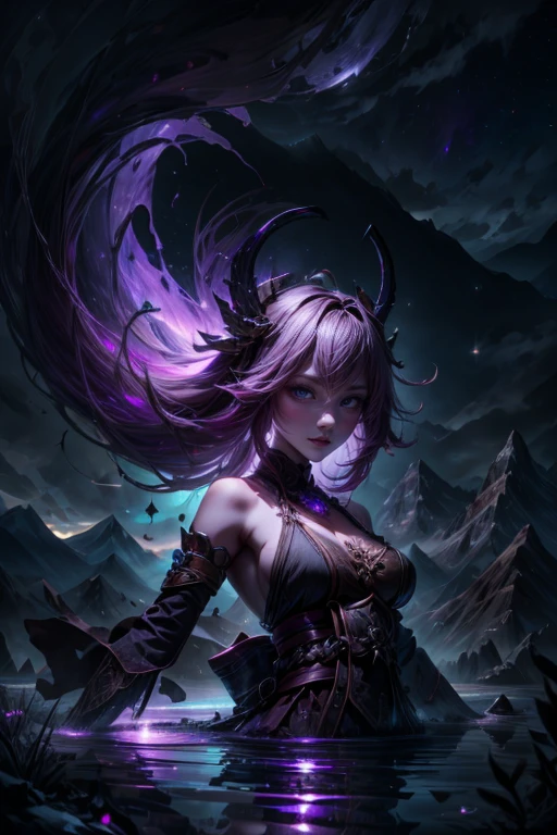 full length closeup portrait of complex detailed fractal aurora, forming a hyper-detailed ghostly vision of a beautiful succubus in the sky, busty, reflection in water, Ripples on the water, dark mountains on the horizon, backlight, Starry night sky background, very detailed galaxy, DAZ 3D landscape rendering, Unity, Unreal engine 5, UHD resolution, sharp focus, 8 k, 12 MP