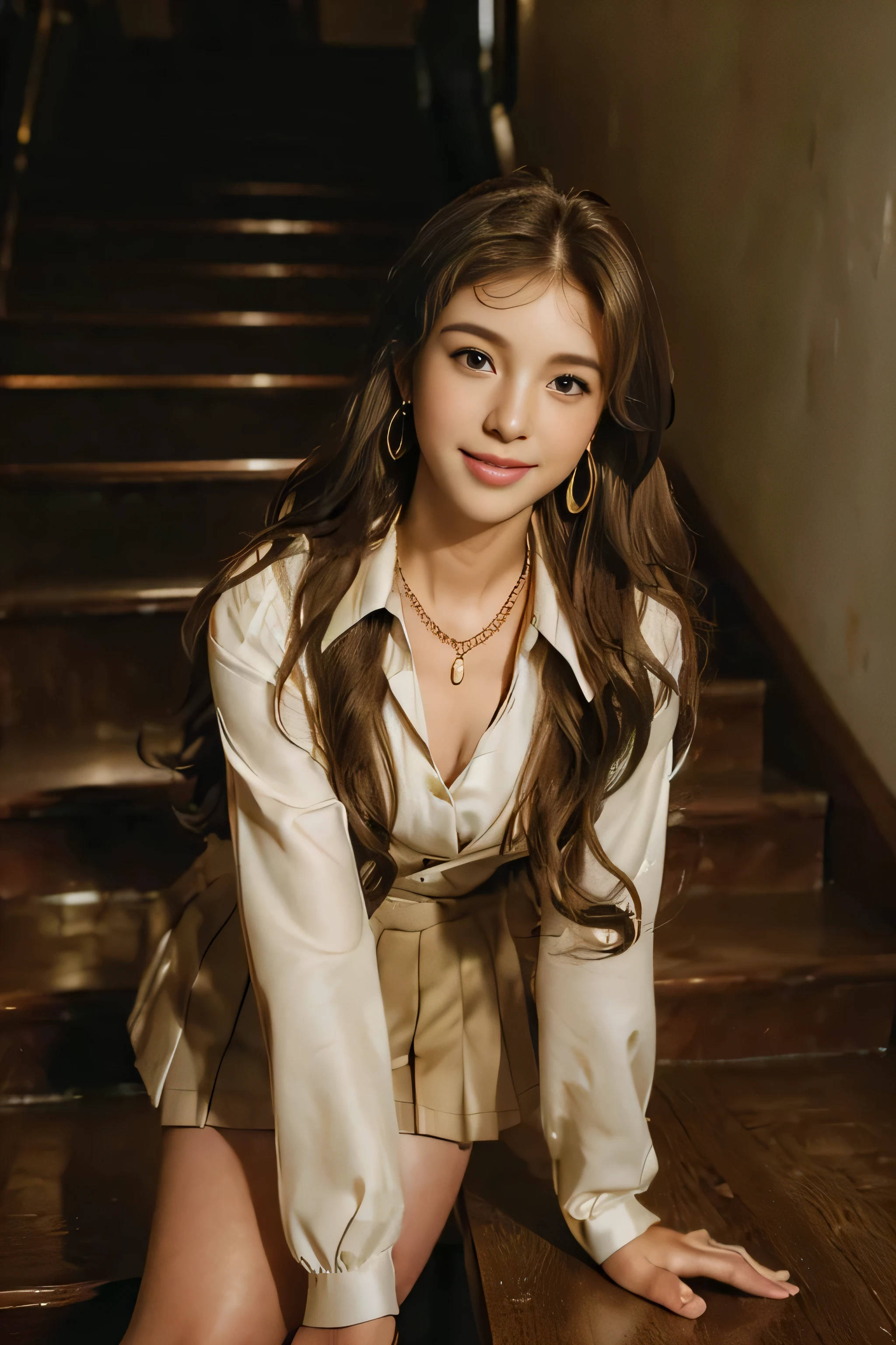 ((beautiful girl:1.3)) ((school uniform:1.5)) (((smile:1.2)) ((medium chest:1.2)) ((close:1.3)) highest quality,masterpiece,ultra high resolution,(realistic:1.4),Raw photo,(real skin texture:1.3),(film grain:1.3),panorama,character portrait,very wide shot,tight waist,cowboy shot,(in the dark, deep shadow, discreet key, cold light,) night,(()),flowing tears,,dust,Tyndall effect,(Performance),,Beautifully detailed eyes and face,white jabot,brown eyes,((brown hair:1.2)) ((full body:1.3))((gold necklace_Large earrings:1.2)),((Long brown hair:1.2))((Hair with loose waves inside:1.2)),((going down school stairs:1.3))(Sits on a bar chair by the counter in a seductive pose in a stylish bar at night:1.1)、