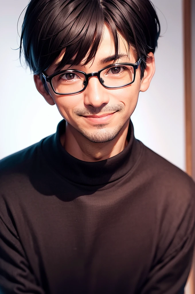 Portrait、adult male, 45 years old, dark brown eyes, with glasses, thin, no muscles, black hair, Black crew neck sweater, smile、laugh loudly、looking at viewer,((tote light background))、short hair、two block