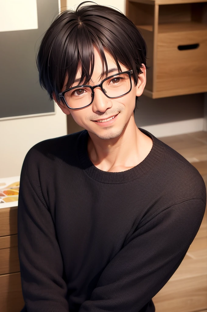 Portrait、adult male, 45 years old, dark brown eyes, with glasses, thin, no muscles, black hair, Black crew neck sweater, smile、laugh loudly、looking at viewer,((tote light background))、short hair、two block