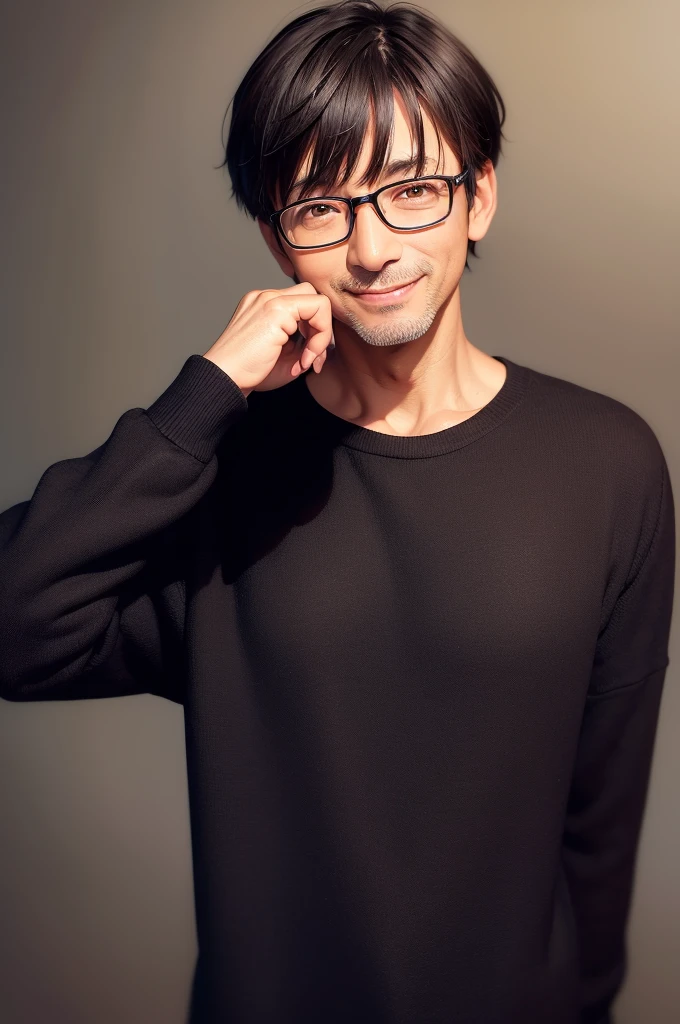 Portrait、adult male, 45 years old, dark brown eyes, with glasses, thin, no muscles, black hair, Black crew neck sweater, smile、laugh loudly、looking at viewer,（（tote light background））、short hair、two block
