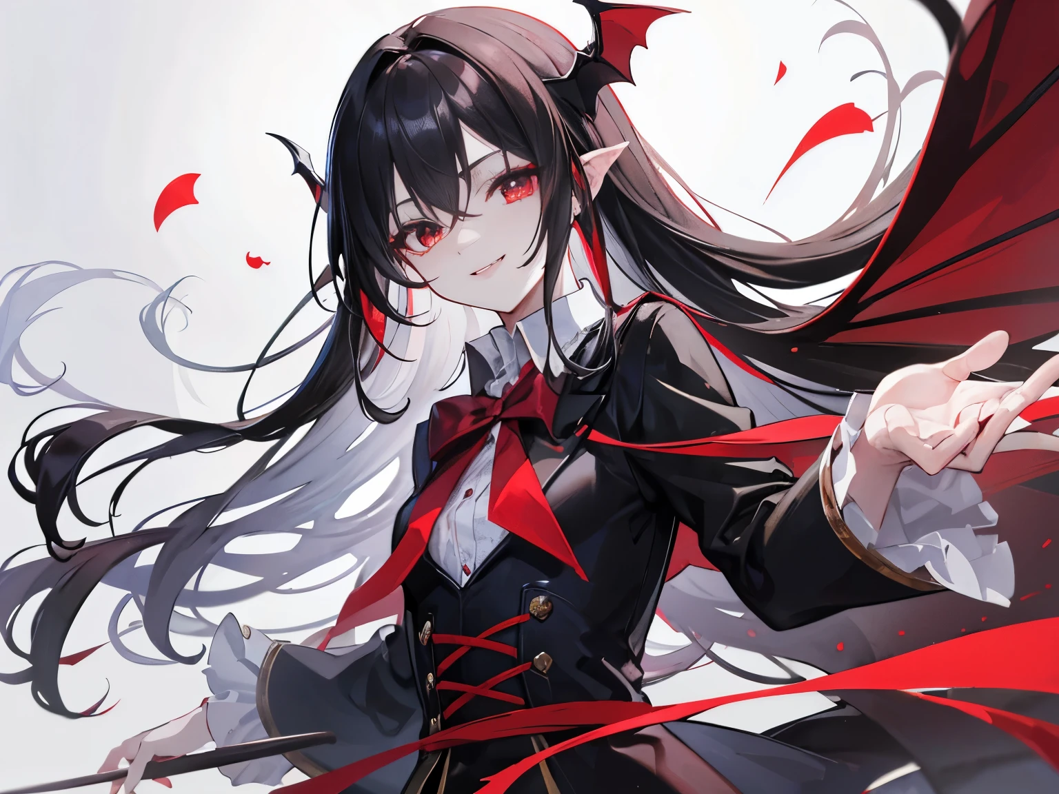 Vampire 4K image with black hair, 17 years old, medium chest, red eyes, long hair, left bow tied under the sky with a beautiful expression.  with a smiling face
