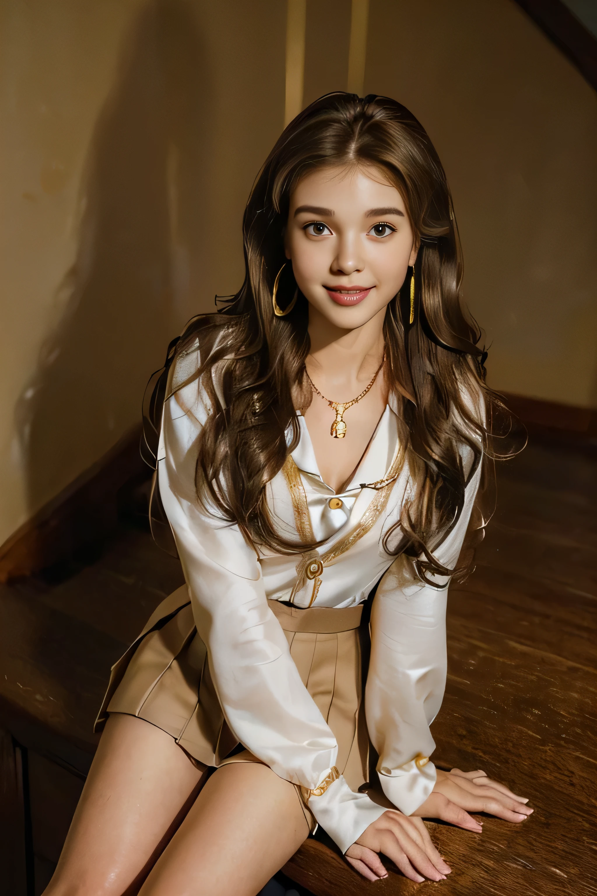 ((beautiful girl:1.3)) ((school uniform:1.5)) (((smile:1.2)) ((medium chest:1.2)) ((close:1.3)) highest quality,masterpiece,ultra high resolution,(realistic:1.4),Raw photo,(real skin texture:1.3),(film grain:1.3),panorama,character portrait,very wide shot,tight waist,cowboy shot,(in the dark, deep shadow, discreet key, cold light,) night,(()),flowing tears,,dust,Tyndall effect,(Performance),,Beautifully detailed eyes and face,white jabot,brown eyes,((brown hair:1.2)) ((full body:1.3))((gold necklace_Large earrings:1.2)),((Long brown hair:1.2))((Hair with loose waves inside:1.2)),((going down school stairs:1.3))(Sits on a bar chair by the counter in a seductive pose in a stylish bar at night:1.1)、