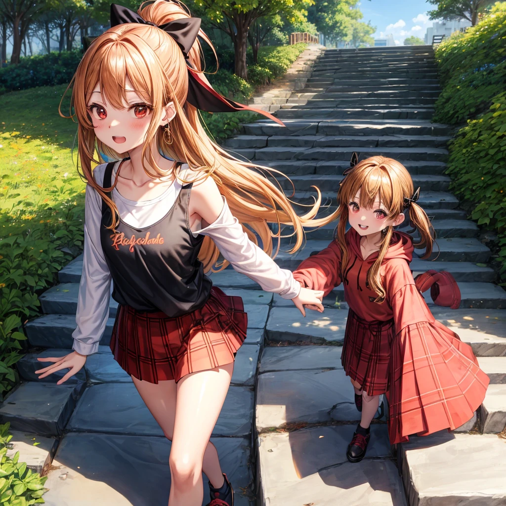 Brown, red, gold, golden hair、red eyes、one good looking girl、solo、anime、plaid mini skirt、black camisole、black t-shirt、hoodie、wearing a ribbon、ribbon at waist、Crystal Earrings、treasure石のネックレス、Light and shadow、Tilting face、teeth are visible、pillar、kind face、Kuroko、Diamond dust、grassland、Water running down the stairs、overflowing、Ants are walking、sulking、is increasing、treasure、Hope
