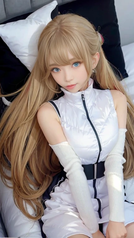 bright look、photorealism、full body painting、highest quality、超A high resolution、picture、北欧生まれの非常にbeautiful少女の写真、extraordinary beautiful girl、可愛くてbeautiful顔の詳細、(Pueros face_V1:0.008)、beautiful bangs、alice in wonderland、16 years old、Radiant, fair, glowing skin、facial hair、Bangs that extend to the face、bangs between eyes、super long hair、Glamorous bright natural platinum blonde super long straight silky hair、high resolution eyes、beautiful, Bright and clear, Big light blue eyes shine charmingly、(white astrovest):10、eyeliner、double eyelid、rich bust、Going to bed、lie on your back、sprawl、sleep on your side、lying on one's back