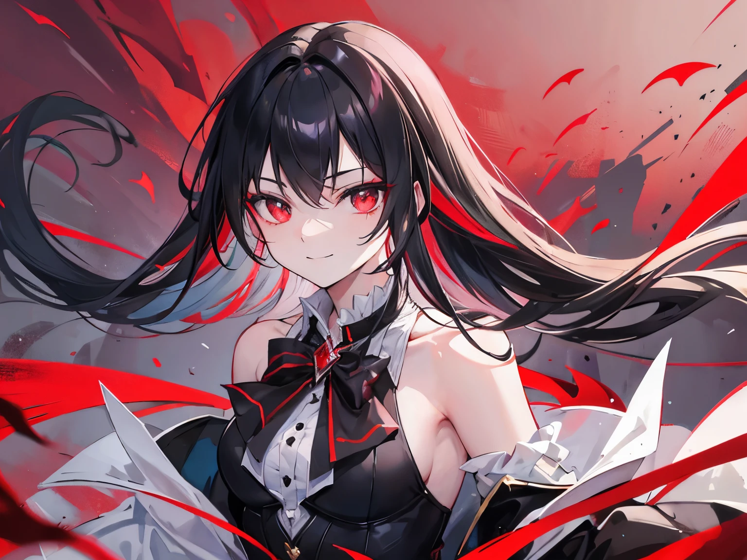 Vampire 4K image with black hair, 17 years old, medium chest, red eyes, long hair, left bow tied under the sky with a beautiful expression. with a smiling face