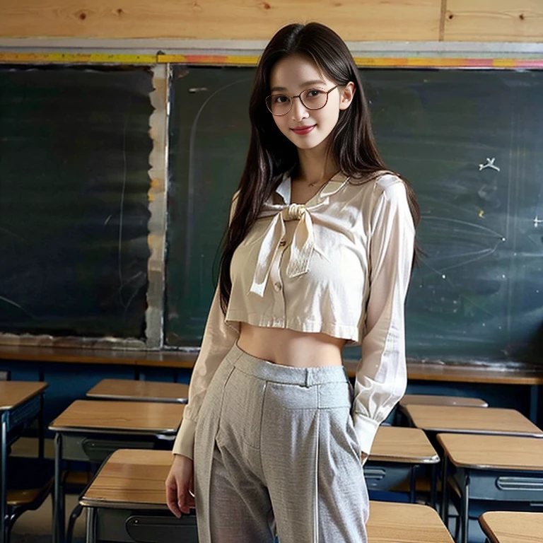 ((masterpiece、highest quality))、shape、Super detailed、8K、realistic、sharp focus、very detailed、professional lighting、colorful details、fine texture、skin moisture、shiny skin、perfect style、Esbian、bow、(unparalleled beauty:1.55)、(Becoming an elementary school teacher:1.5)、Gray beige suit and pants、(A white blouse so sheer that you can see her underwear.:1.25)、black loafers、Wear thin glasses、Give a lesson、look at the camera、Children studying in the back、shine、intricate details、Shitsumeka、A woman stands in front of the camera、smile、 information、、r1r3、majastrojek