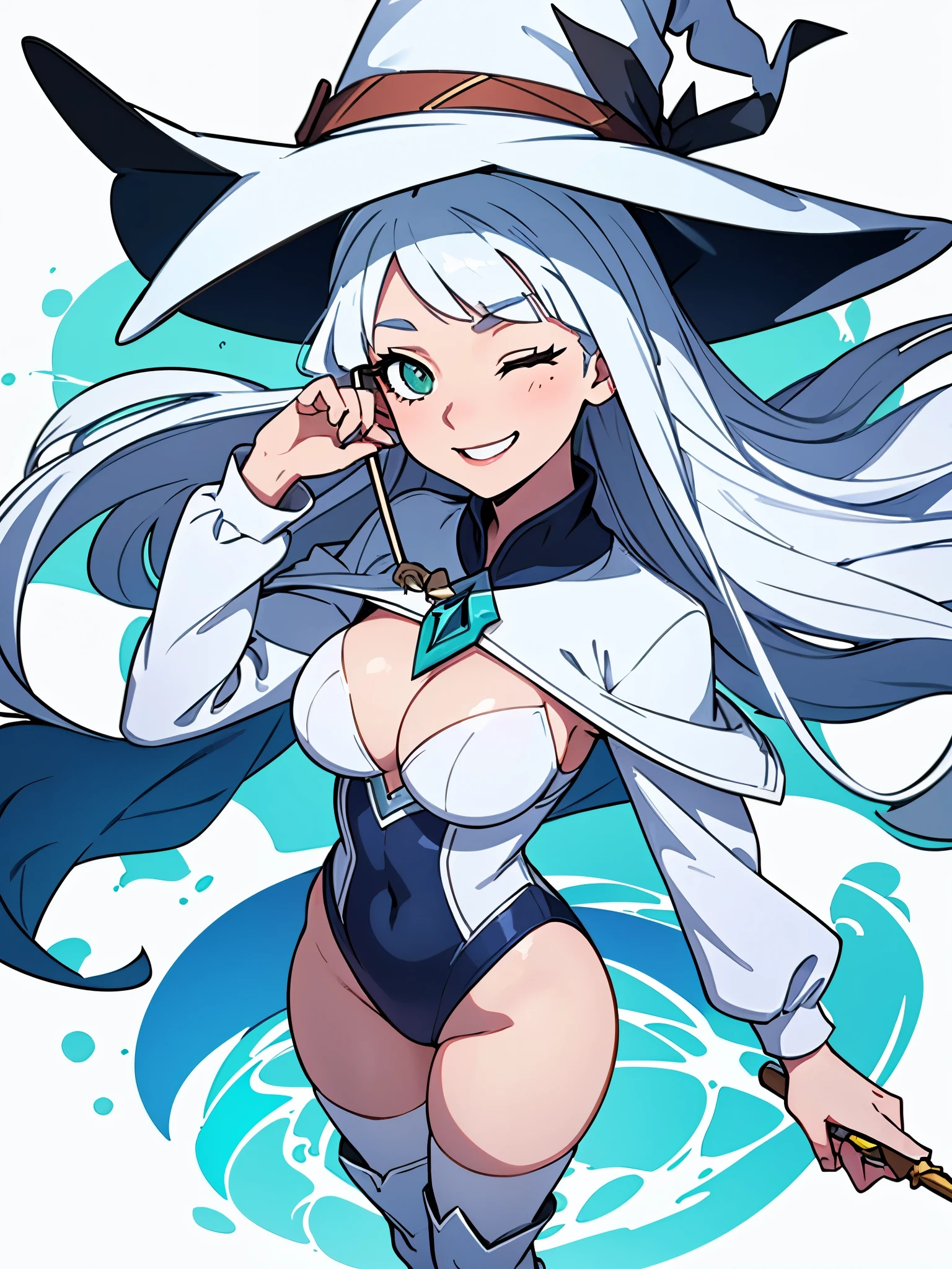 1girl, superhero, holding wand, witch academia, superhero sorceress witch, glamorous angewoman digimon, sky witch, by Aguri Uchida, maya ali as an ice mage, white tuxedo, leotard, solid white leotard with florescent blue accents, bare legs, white thigh-highs, winter boots, (white witch hat, white hair, long hair, bangs), green eyes, beautiful detailed eyes, beautiful detailed face, cute face, slightly large breasts, smile, one eye closed, looking at viewer, playful, flirty, age 16-18, solo, solo focus, wonder, full body portrait, cowboy shot