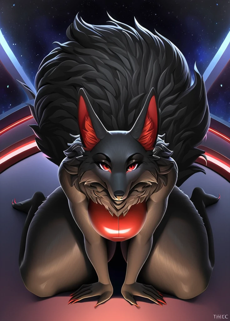 highly detailed, high quality, masterpiece, beautiful, (full shot, on front view, top angle), tall, voluptuous, athletic female, wolf, black fur, totally dark fur, white tribal markings on thighs, red inner ear, red one piece swimsuit latex, large breasts, feet, 5 toes, sharp toenails, toe claws, red claws, plantigrade, wide hips, curvy figure, curvaceous, wedgie, bearing hips, smooth fur, long fur face, thick thighs, thicc, long wolf tail, fluffy tail, wide and long snut, red inner ear, long wolf's mane, red eyes, black clera, black leaves, standing, bent over, hand on knees, face down ass up, exposed ass, plump ass, feet together, looking at the viewer, Mocking Look, happy face, in a space ship
