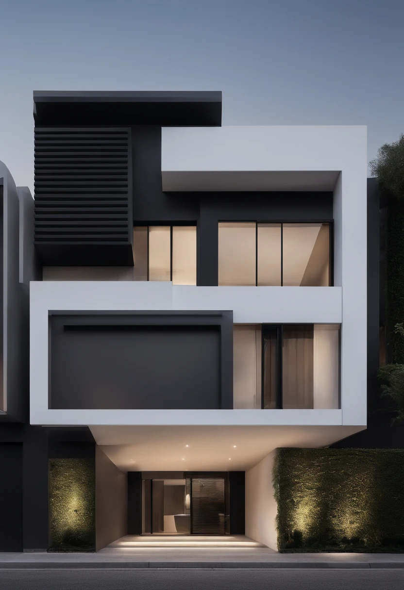Fachada minimalista y moderna en esquina tonos de blanco, grises y negro