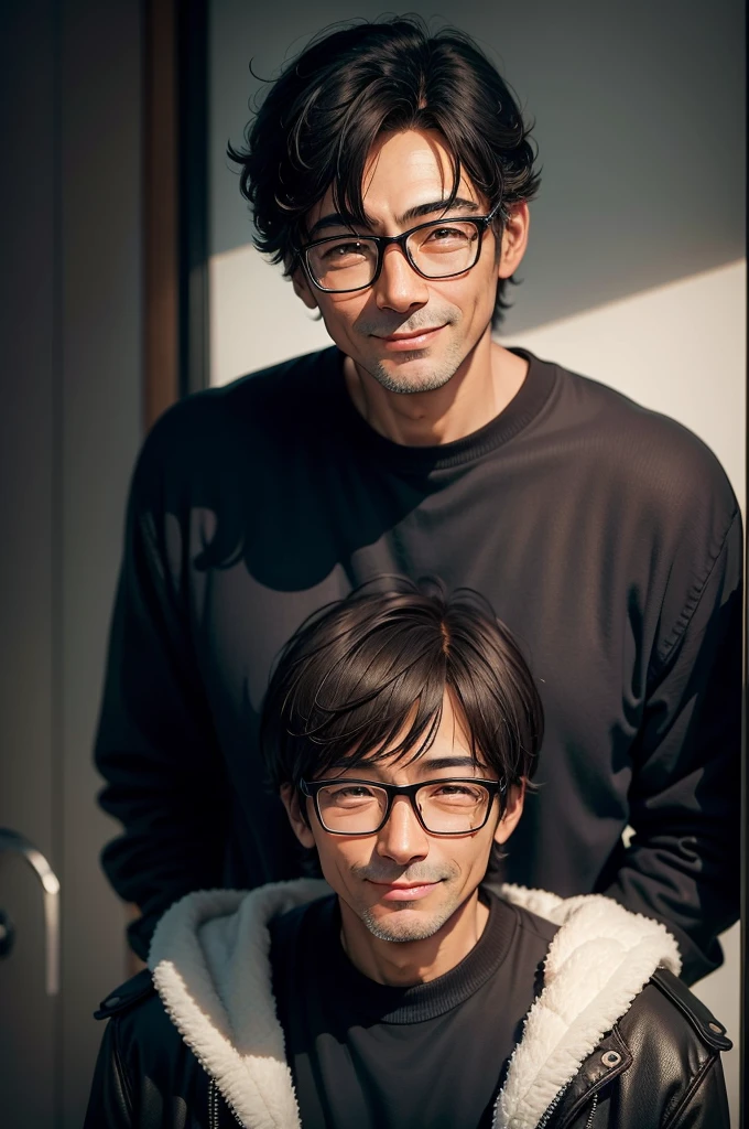 Portrait、adult male, 45 years old, dark brown eyes, with glasses, thin, no muscles, black hair, Black crew neck sweater, smile、laugh loudly、looking at viewer,realistic pictures、((Very bright white background))、short hair、two block