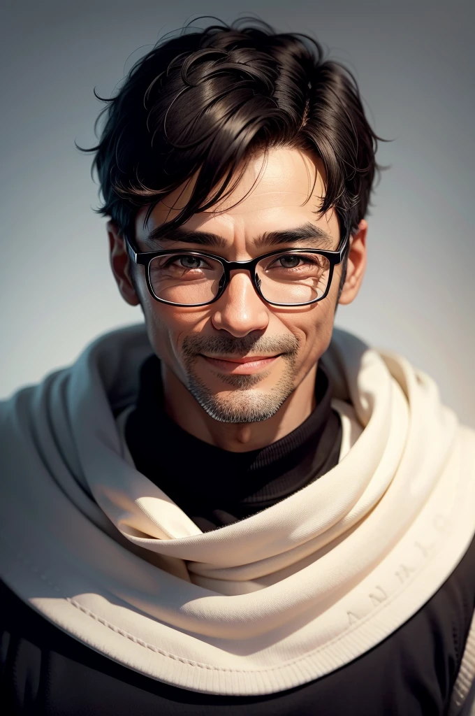 Portrait、adult male, 45 years old, dark brown eyes, with glasses, thin, no muscles, black hair, Black crew neck sweater, smile、laugh loudly、looking at viewer,realistic pictures、((Very bright white background))、short hair、two block