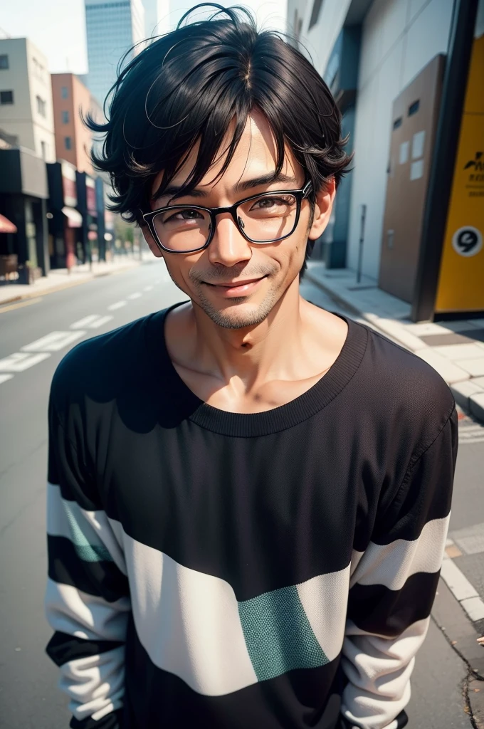 Portrait、adult male, 45 years old, dark brown eyes, with glasses, thin, no muscles, black hair, Black crew neck sweater, smile、laugh loudly、looking at viewer,realistic pictures、((Very bright white background))、short hair、two block