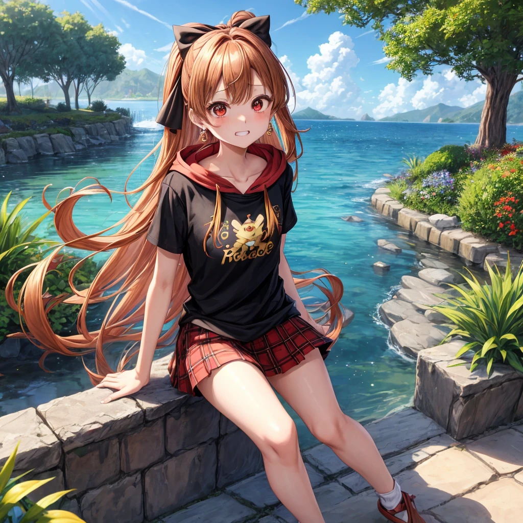 Brown, red, gold, golden hair、red eyes、one good looking girl、solo、anime、plaid mini skirt、black camisole、black t-shirt、hoodie、wearing a ribbon、ribbon at waist、Crystal Earrings、treasure石のネックレス、Light and shadow、Tilting face、teeth are visible、pillar、kind face、Kuroko、Diamond dust、grassland、Water running down the stairs、overflowing、Ants are walking、sulking、is increasing、treasure、Hope