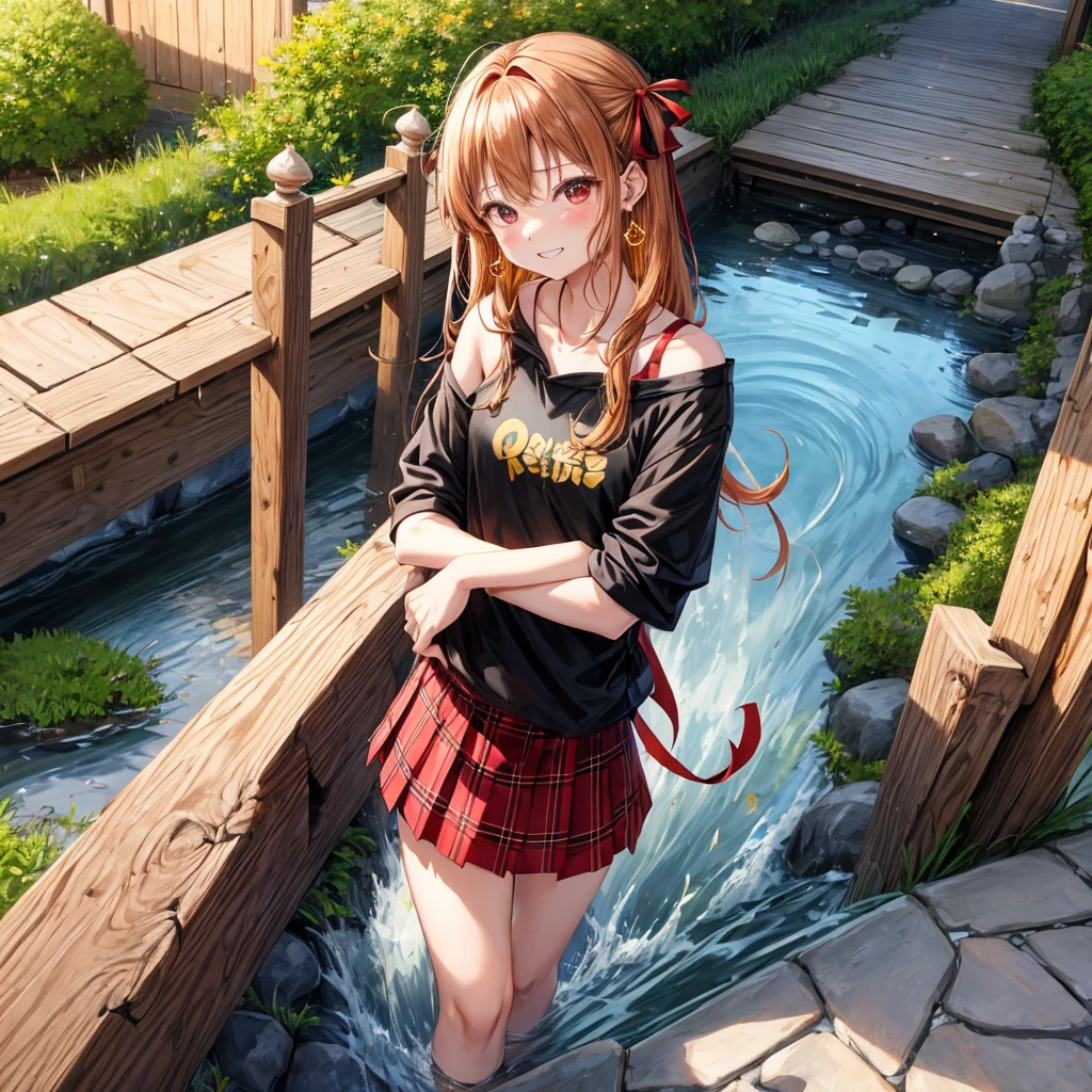 Brown, red, gold, golden hair、red eyes、one good looking girl、solo、anime、plaid mini skirt、black camisole、black t-shirt、hoodie、wearing a ribbon、ribbon at waist、Crystal Earrings、treasure石のネックレス、Light and shadow、Tilting face、teeth are visible、pillar、kind face、Kuroko、Diamond dust、grassland、Water running down the stairs、overflowing、Ants are walking、sulking、is increasing、treasure、Hope