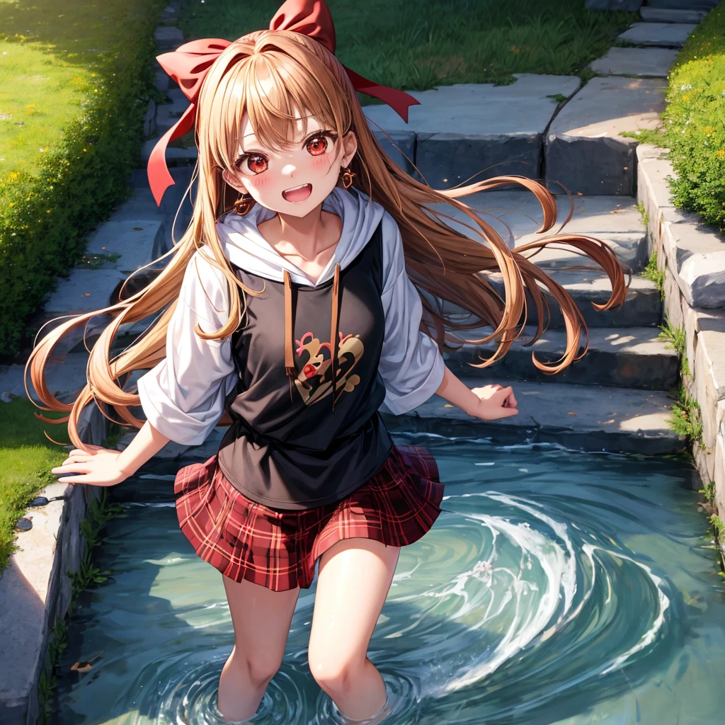 Brown, red, gold, golden hair、red eyes、one good looking girl、solo、anime、plaid mini skirt、black camisole、black t-shirt、hoodie、wearing a ribbon、ribbon at waist、Crystal Earrings、treasure石のネックレス、Light and shadow、Tilting face、teeth are visible、pillar、kind face、Kuroko、Diamond dust、grassland、Water running down the stairs、overflowing、Ants are walking、sulking、is increasing、treasure、Hope