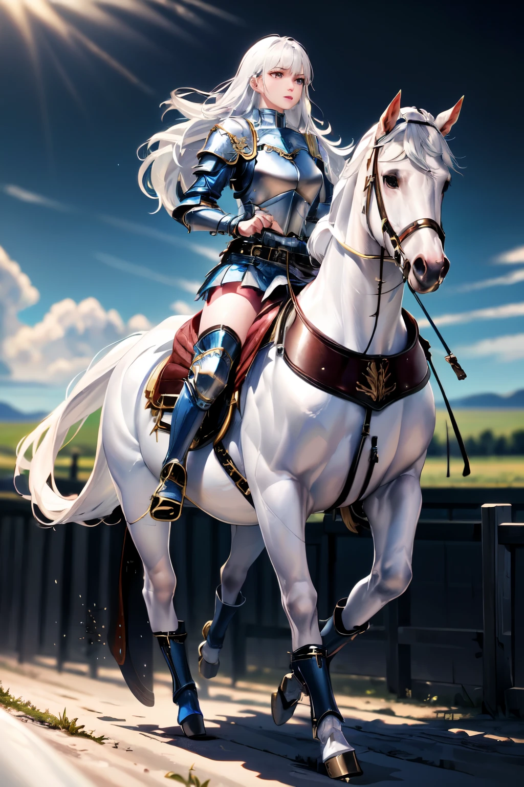 4k, masterpiece, solo, realistic, best quality, cinematic lighting, cinematic color, long hair, straight hair, {black hair}, dark blue eyes, large breast, riding on a running WHITE HORSE, (white horse: 1.0, {white hair}, bridle, saddle, stir ups, reins: 1.2), swamp lands, wet, (breastplate armor, blue miniskirt, blue boots), anatomically correct
