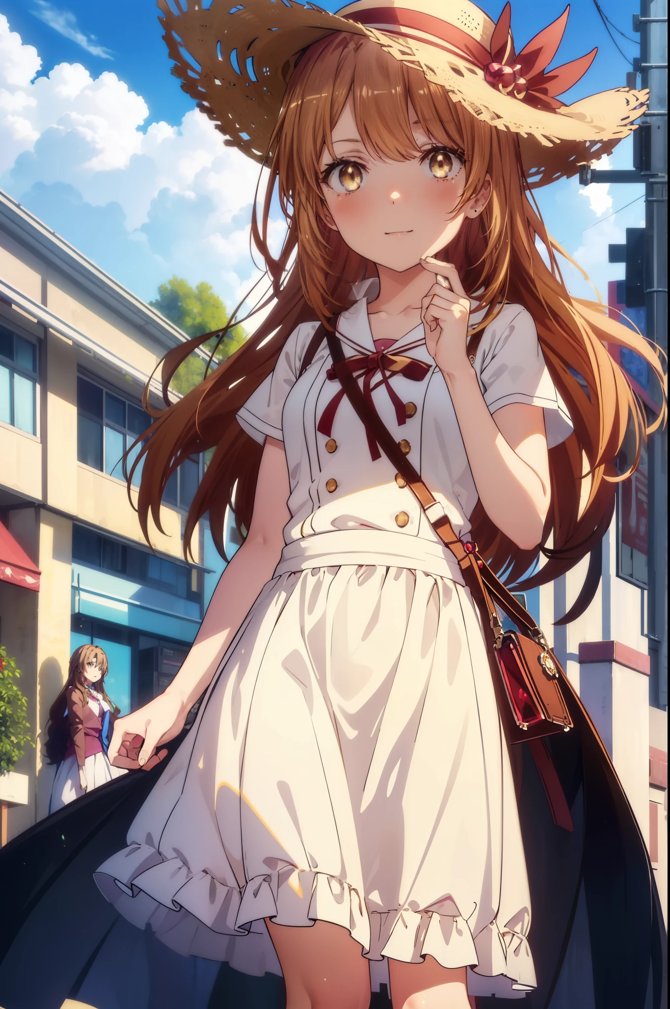 irohaisshiki, Isshiki Iroha, long hair, light brown hair, (Brown ruby eyes:1.5), White long skirt integrated dress,Cute Sandals,straw hat,happy smile, smile, open your mouth,daytime,Clear skies,looking down from top to bottom,whole bodyがイラストに入るように,
break outdoors ,building street,In town,
break looking at viewer,whole body,(cowboy shot:1. 1)
break (masterpiece:1.2), highest quality, High resolution, unity 8k wallpaper, (shape:0.8), (beautiful and detailed eyes:1.6), highly detailed face, perfect lighting, Very detailed CG, (perfect hands, perfect anatomy),