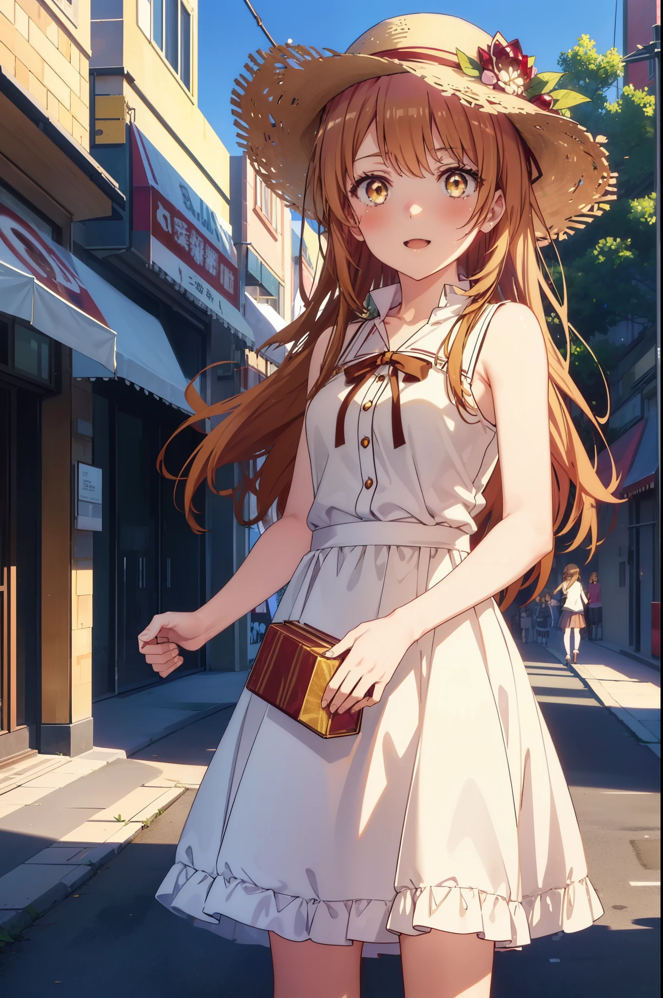 irohaisshiki, Isshiki Iroha, long hair, light brown hair, (Brown ruby eyes:1.5), White long skirt integrated dress,Cute Sandals,straw hat,happy smile, smile, open your mouth,daytime,Clear skies,looking down from top to bottom,whole bodyがイラストに入るように,
break outdoors ,building street,In town,
break looking at viewer,whole body,(cowboy shot:1. 1)
break (masterpiece:1.2), highest quality, High resolution, unity 8k wallpaper, (shape:0.8), (beautiful and detailed eyes:1.6), highly detailed face, perfect lighting, Very detailed CG, (perfect hands, perfect anatomy),