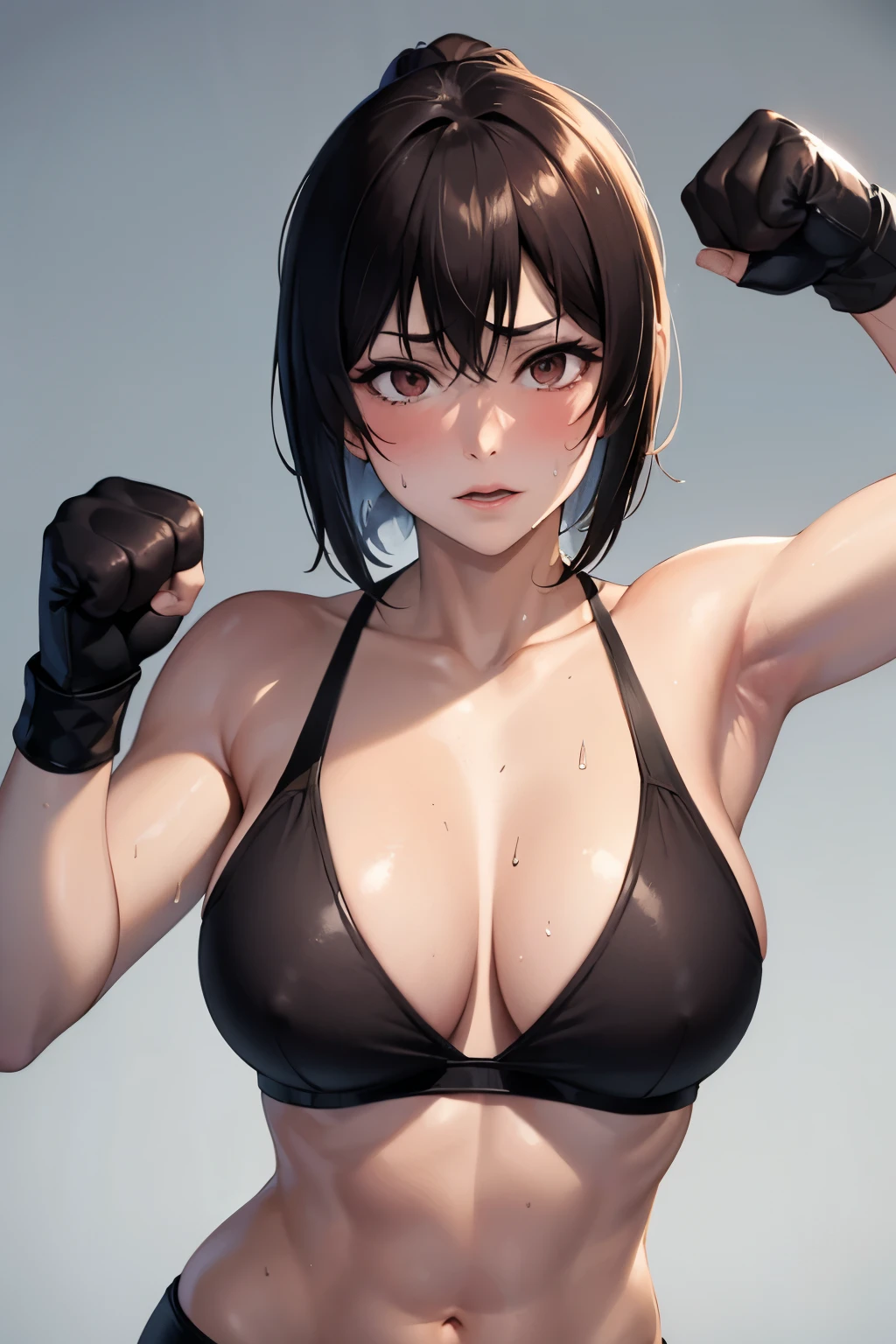 Female boxer right straight punch, upper body, dramatic, masterpiece, sweat, high quality, arm extended punch