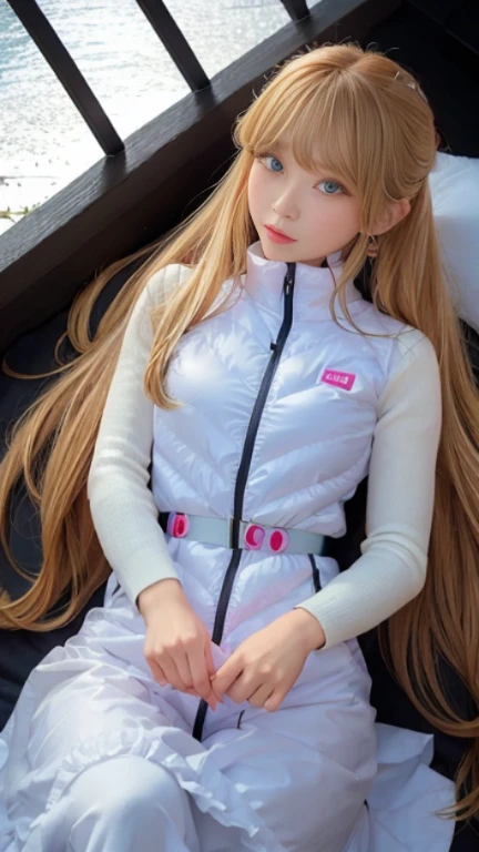 bright look、photorealism、full body painting、highest quality、超A high resolution、picture、北欧生まれの非常にbeautiful少女の写真、extraordinary beautiful girl、可愛くてbeautiful顔の詳細、(Pueros face_V1:0.008)、beautiful bangs、alice in wonderland、16 years old、Radiant, fair, glowing skin、facial hair、Bangs that extend to the face、bangs between eyes、super long hair、Glamorous bright natural platinum blonde super long straight silky hair、high resolution eyes、beautiful, Bright and clear, Big light blue eyes shine charmingly、(white astrovest):10、eyeliner、double eyelid、rich bust、Going to bed、lie on your back、sprawl、sleep on your side、lying on one&#39;s back