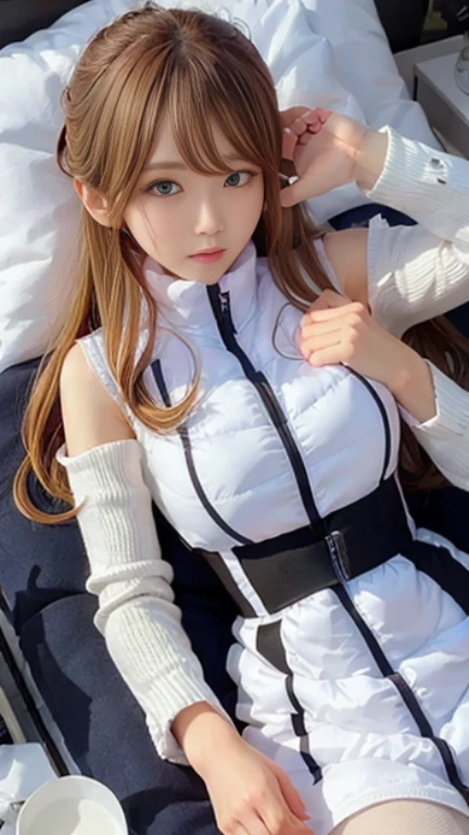 bright look、photorealism、full body painting、highest quality、超A high resolution、picture、北欧生まれの非常にbeautiful少女の写真、extraordinary beautiful girl、可愛くてbeautiful顔の詳細、(Pueros face_V1:0.008)、beautiful bangs、alice in wonderland、16 years old、Radiant, fair, glowing skin、facial hair、Bangs that extend to the face、bangs between eyes、super long hair、Glamorous bright natural platinum blonde super long straight silky hair、high resolution eyes、beautiful, Bright and clear, Big light blue eyes shine charmingly、(white astrovest):10、eyeliner、double eyelid、rich bust、Going to bed、lie on your back、sprawl、sleep on your side、lying on one&#39;s back