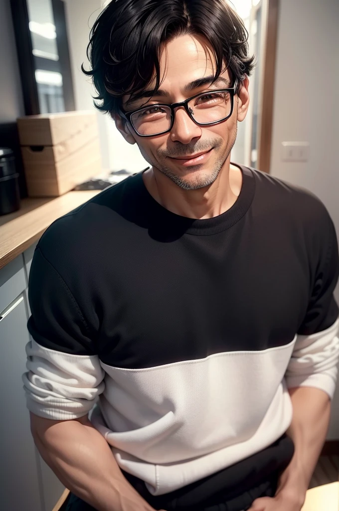 Portrait、adult male, 45 years old, dark brown eyes, with glasses, thin, no muscles, black hair, Black crew neck sweater, smile、laugh loudly、looking at viewer,realistic pictures、（（Pure white very light background））、short hair、two block
