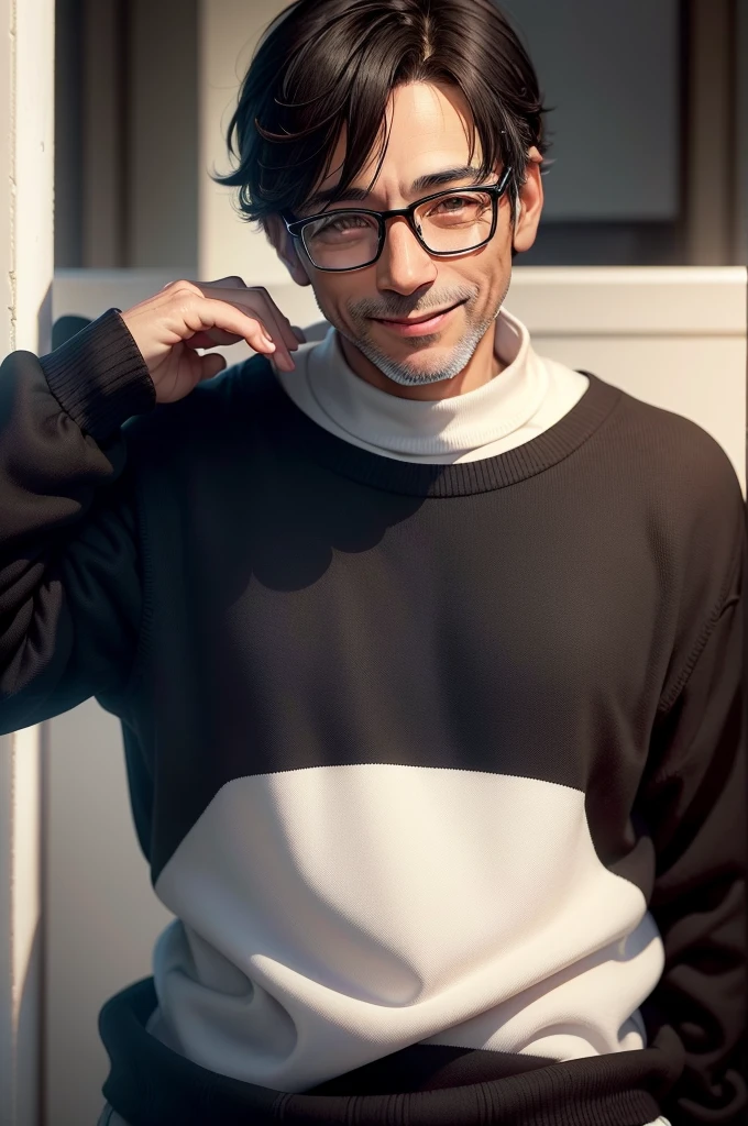 Portrait、adult male, 45 years old, dark brown eyes, with glasses, thin, no muscles, black hair, Black crew neck sweater, smile、laugh loudly、looking at viewer,realistic pictures、((Pure white very light background))、short hair、two block