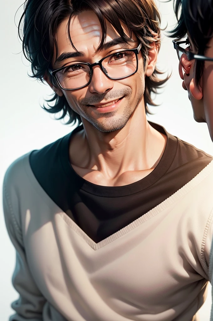 Portrait、adult male, 45 years old, dark brown eyes, with glasses, thin, no muscles, black hair, Black crew neck sweater, smile、laugh loudly、looking at viewer,realistic pictures、((Pure white very light background))、short hair、two block