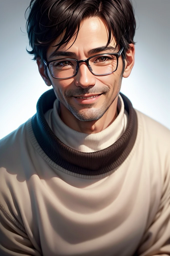 Portrait、adult male, 45 years old, dark brown eyes, with glasses, thin, no muscles, black hair, Black pt-neck sweater, smile、laugh loudly、looking at viewer,realistic pictures、（（Very bright white background））、short hair、two block
