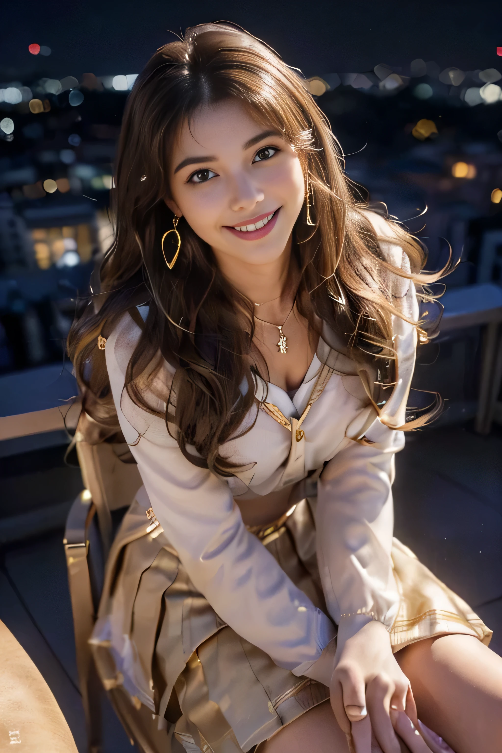 ((beautiful girl:1.3)) ((school uniform:1.5)) (((smile:1.2)) ((medium chest:1.2)) ((close:1.3)) highest quality,masterpiece,ultra high resolution,(realistic:1.4),Raw photo,(real skin texture:1.3),(film grain:1.3),panorama,character portrait,very wide shot,tight waist,cowboy shot,(in the dark, deep shadow, discreet key, cold light,) night,(()),flowing tears,,dust,Tyndall effect,(Performance),,Beautifully detailed eyes and face,white jabot,brown eyes,((brown hair:1.2)) ((full body:1.3))((gold necklace_Large earrings:1.2)),((Long brown hair:1.2))((Hair with loose waves inside:1.2))((sitting on a chair, night view terrace background:1.3)),((shy smile:1.3))((From an oblique angle above:1.5)),