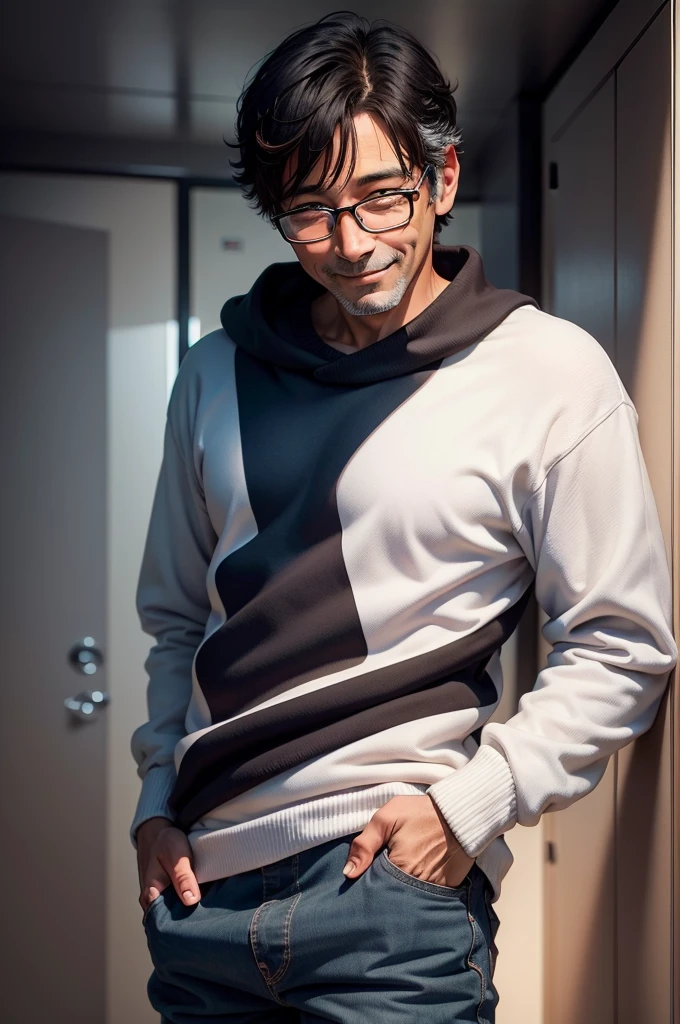 Portrait、adult male, 45 years old, dark brown eyes, with glasses, thin, no muscles, black hair, Black crotch sweater, smile、laugh loudly、looking at viewer,realistic pictures、（（Very bright white background））、short hair、two block
