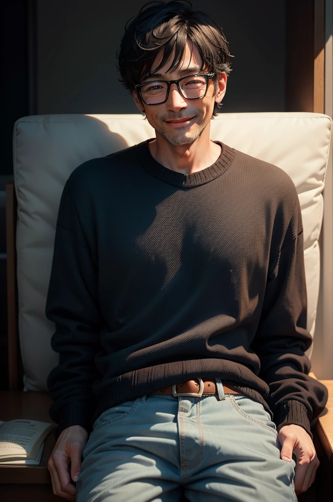 Portrait、adult male, 45 years old, dark brown eyes, with glasses, thin, no muscles, black hair, Black crotch sweater, smile、laugh loudly、looking at viewer,realistic pictures、（（Very bright white background））、short hair、two block
