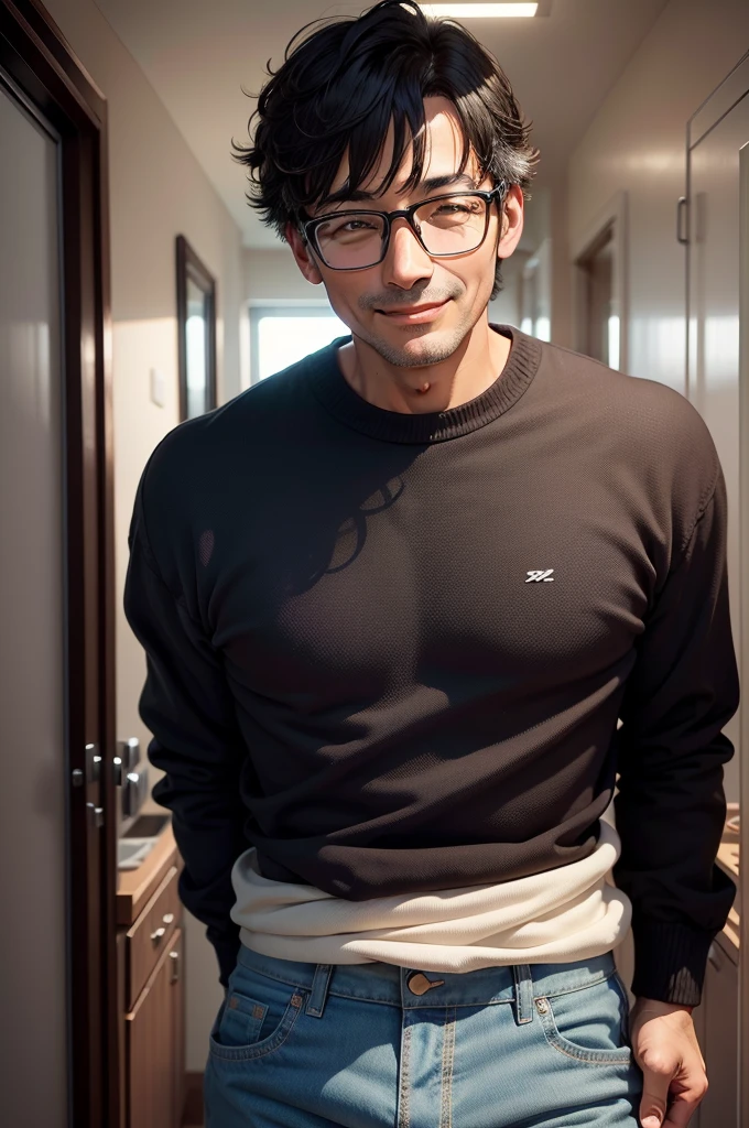 Portrait、adult male, 45 years old, dark brown eyes, with glasses, thin, no muscles, black hair, Black crotch sweater, smile、laugh loudly、looking at viewer,realistic pictures、((Very bright white background))、short hair、two block