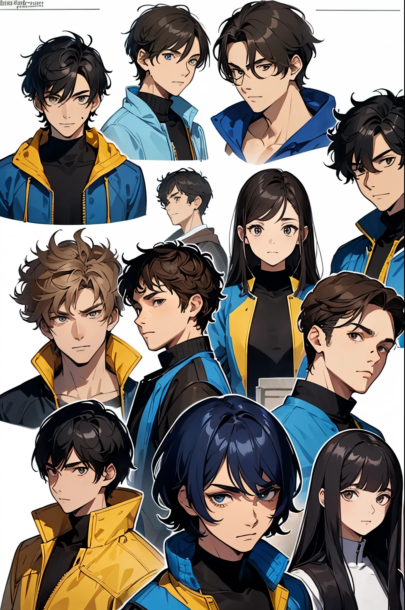 (Character design sheet, Same character..., Front, side,back), face overview, create a 2d comic style character. the character is a 16 year old boy with curly brown hair. his hair is longer in the front and goes down to his neck in the back. he has thick straight eyebrows and brown eyes. his jawline is more triangular and he is normally wearing a blue and gold letterman jacket, sketch,eight different face angles