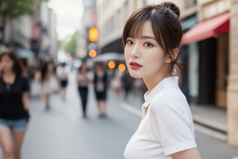(Raw photo, highest quality), (realistic, Photo realistic: 1.3), highest quality, very detailed,8k RAW photo, highest quality, masterpiece, ultra high resolution, 3D, realistic, 1 girl, ((Beautiful woman walking in the city))、Walking towards the audience、((portrait))、japanese woman, serious face, black_hair, black_crew_collar, ponytail、up hair, short hair,, natural skin texture, light brown_eye, detailed eyes and face, lips, lipstick, beautiful feet, huge breastss, (detailed background), blackのタイトミニスカート, white shirt, high heels、huge breasts,、blurred background,short sleeve、whole body、bright white lighting