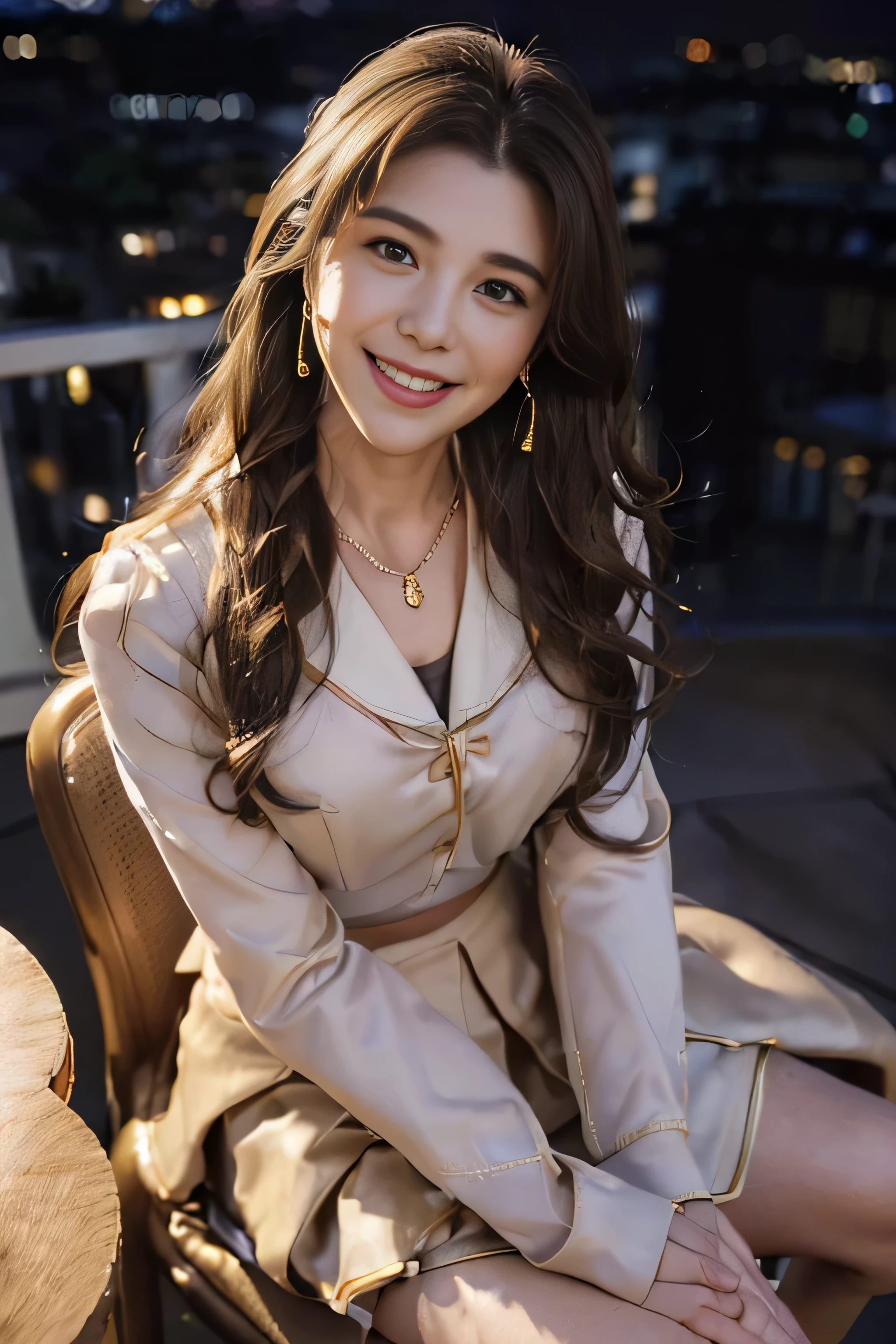 ((beautiful girl:1.3)) ((school uniform:1.5)) (((smile:1.2)) ((medium chest:1.2)) ((close:1.3)) highest quality,masterpiece,ultra high resolution,(realistic:1.4),Raw photo,(real skin texture:1.3),(film grain:1.3),panorama,character portrait,very wide shot,tight waist,cowboy shot,(in the dark, deep shadow, discreet key, cold light,) night,(()),flowing tears,,dust,Tyndall effect,(Performance),,Beautifully detailed eyes and face,white jabot,brown eyes,((brown hair:1.2)) ((full body:1.3))((gold necklace_Large earrings:1.2)),((Long brown hair:1.2))((Hair with loose waves inside:1.2))((sitting on a chair, night view terrace background:1.3)),((shy smile:1.3))((From an oblique angle above:1.5)),