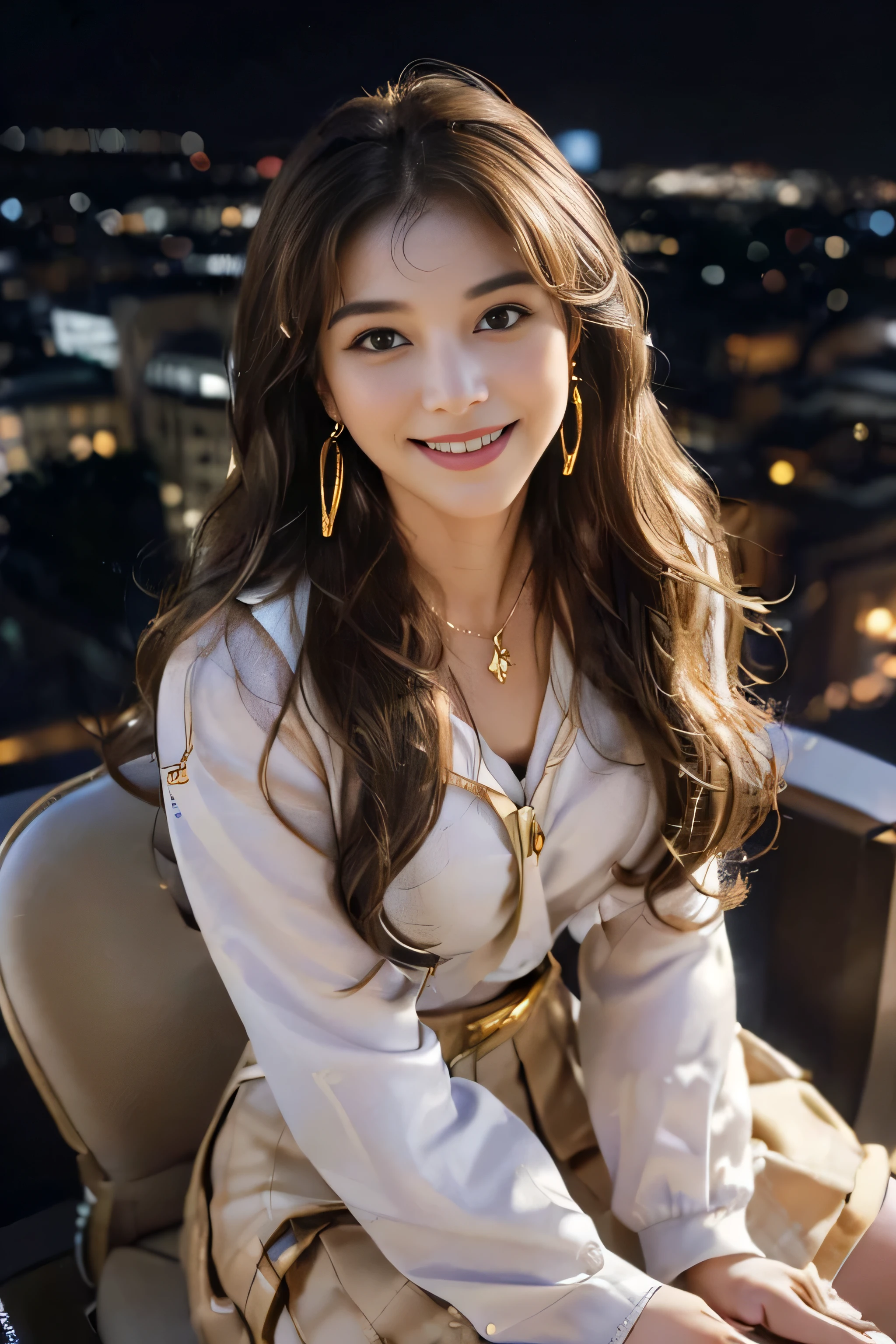 ((beautiful girl:1.3)) ((school uniform:1.5)) (((smile:1.2)) ((medium chest:1.2)) ((close:1.3)) highest quality,masterpiece,ultra high resolution,(realistic:1.4),Raw photo,(real skin texture:1.3),(film grain:1.3),panorama,character portrait,very wide shot,tight waist,cowboy shot,(in the dark, deep shadow, discreet key, cold light,) night,(()),flowing tears,,dust,Tyndall effect,(Performance),,Beautifully detailed eyes and face,white jabot,brown eyes,((brown hair:1.2)) ((full body:1.3))((gold necklace_Large earrings:1.2)),((Long brown hair:1.2))((Hair with loose waves inside:1.2))((sitting on a chair, night view terrace background:1.3)),((shy smile:1.3))((From an oblique angle above:1.5)),
